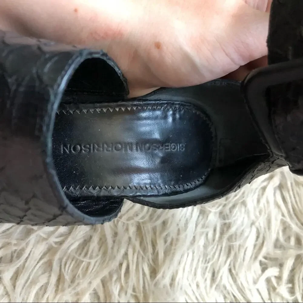 Sigerson Morrison Poker 2 Snake Embossed Black Leather Block Heels in Nero